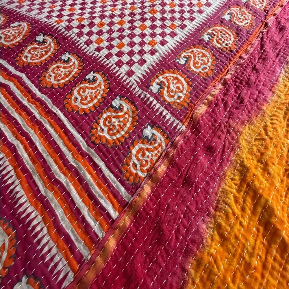 Vintage Kantha Quilt Twin Hand Stitched Sari Patchwork Boho Textile 52” x 80”